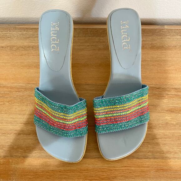 Mudd Vintage Shenna Rainbow Beaded Wood Detail Heels Light Blue 90s Y2K Size 10 - Picture 2 of 11
